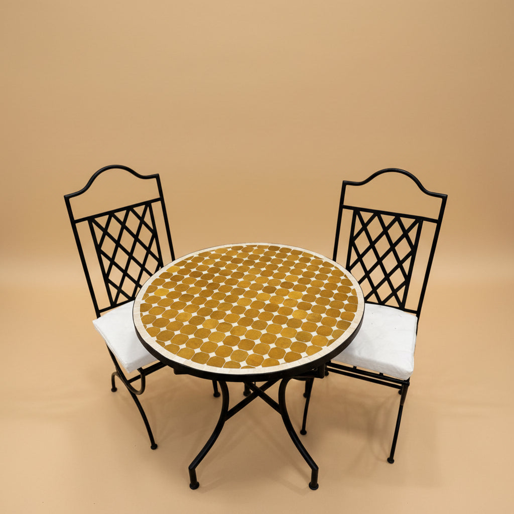 Table ronde en zellige artisanal jaune ocre