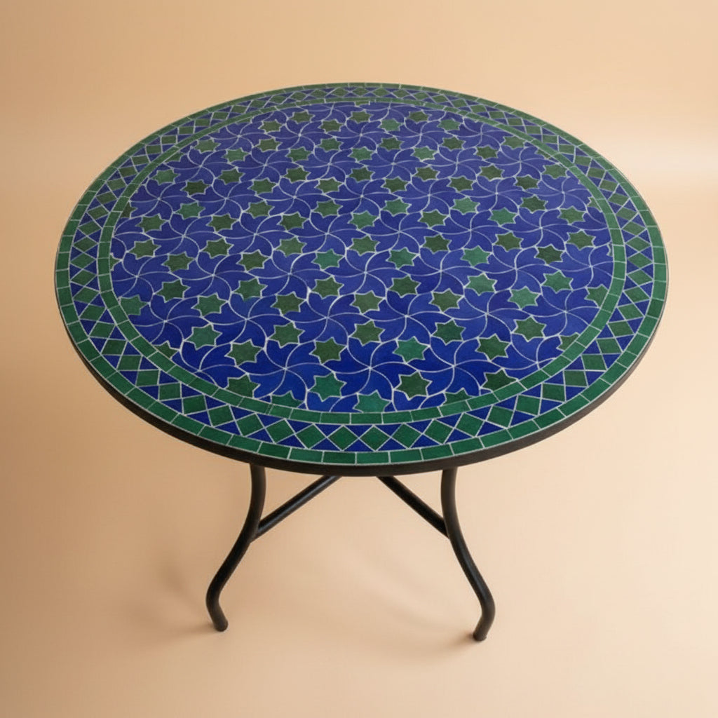 Table ronde en zellige artisanal bleu cobalt et vert émeraude
