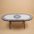 Table ovale zellige artisanal Blanc, Bleu Cobalt, Vert d'Eau, Terracotta & Jaune
