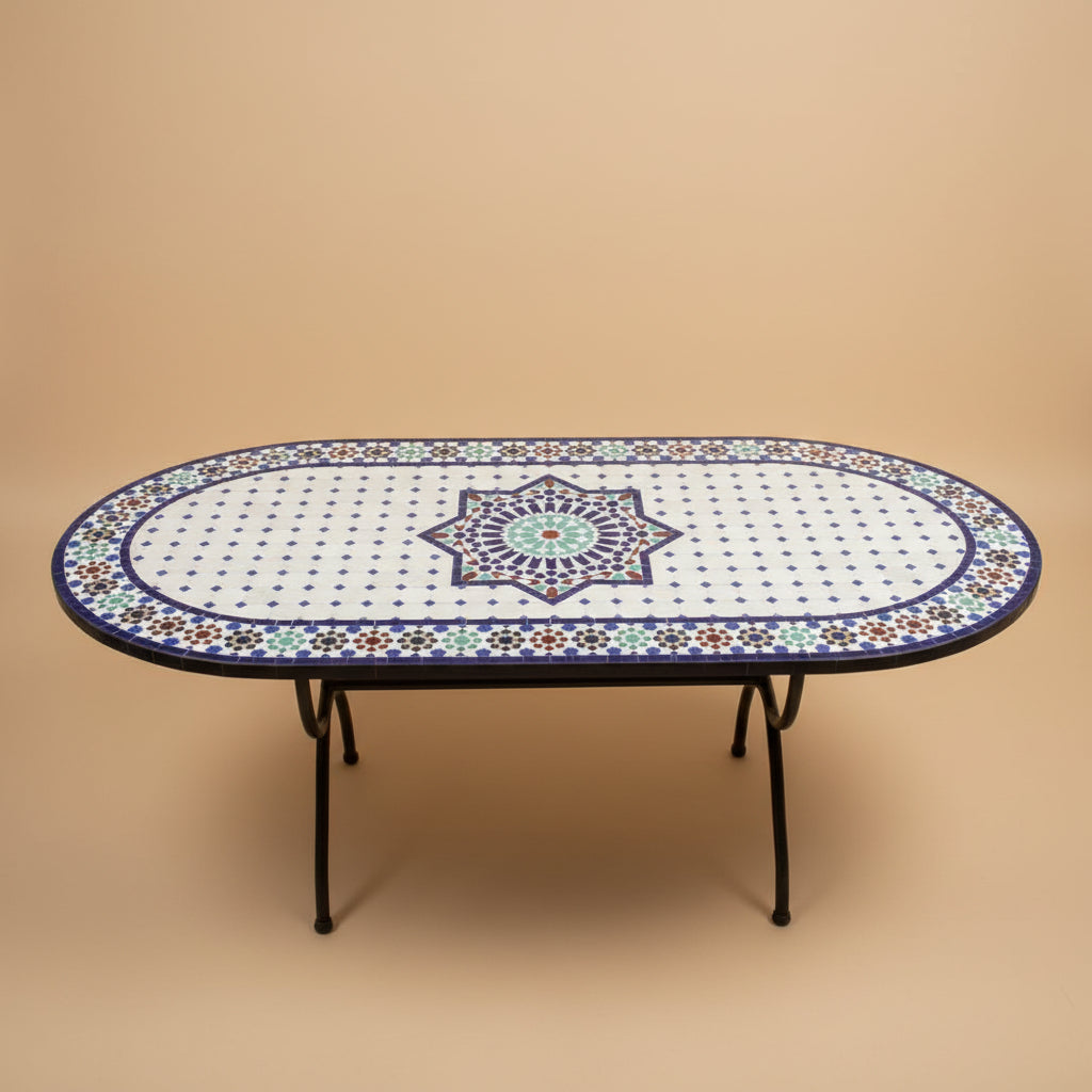 Table ovale zellige artisanal Blanc, Bleu Cobalt, Vert d'Eau, Terracotta & Jaune