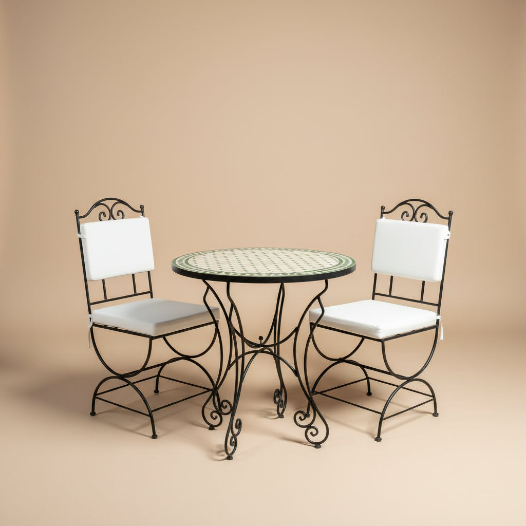 Table ronde en zellige artisanal Blanc Cassé & Vert Émeraude