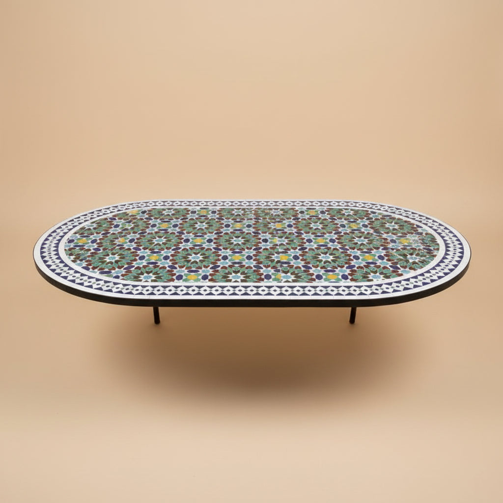 Table ovale zellige artisanal Blanc, Bleu, Turquoise, Marron, Jaune