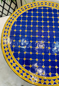 Table ronde en zellige artisanal bleu cobalt and jaune moutarde